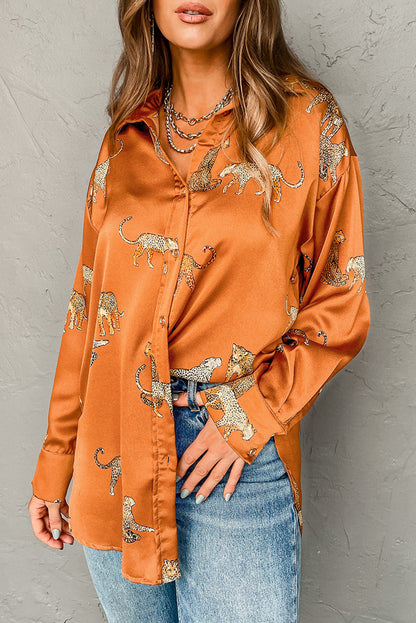 Cheetah Animal Print Button Up Satin Shirt | Russet Orange