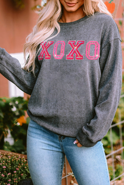 Valentine Sequin Xoxo Corded Crew Neck Sweatshirt | Gray