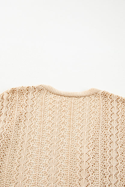 Hollow Out Knit Drop Shoulder Open Front Cardigan | Apricot