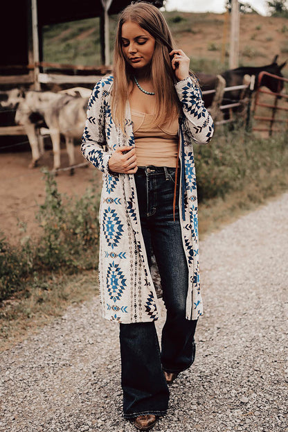 Western Aztec Printed Open Front Long Cardigan | Sky Blue