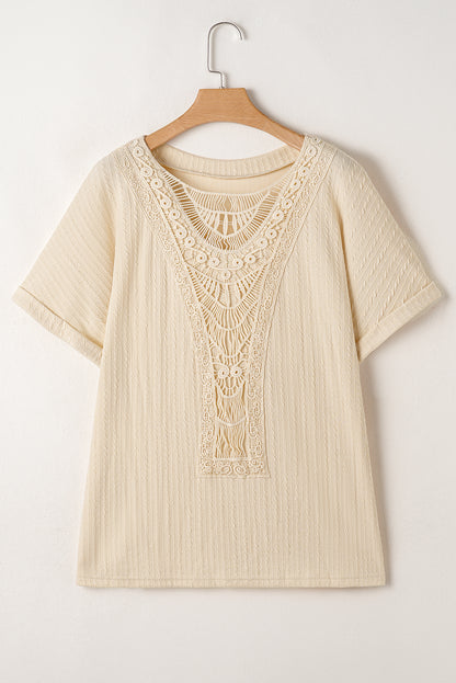 Lace Crochet Patched Cable Textured Cuffed Short Sleeve Plus Size Top | Beige