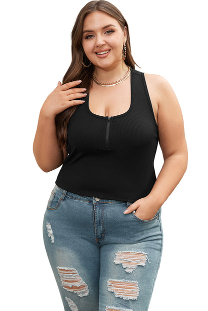 Plus Size Zipper Front Racerback Ribbed Tank Top | Black