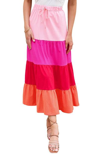 Colour Block Tiered Drawstring High Waist Maxi Skirt | Pink