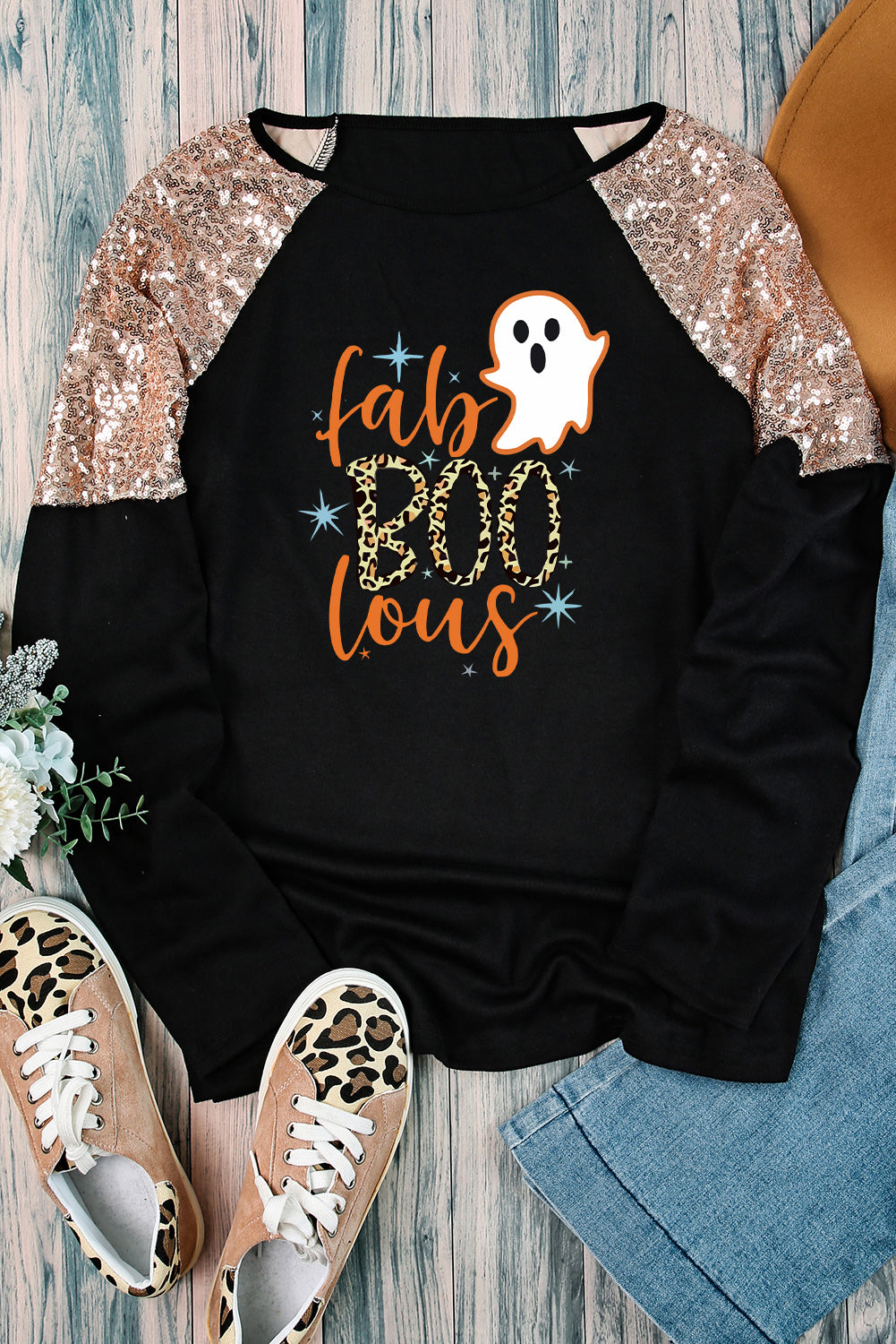 Leopard Boo Ghost Graphic Sequin Raglan Sleeve Top | Black