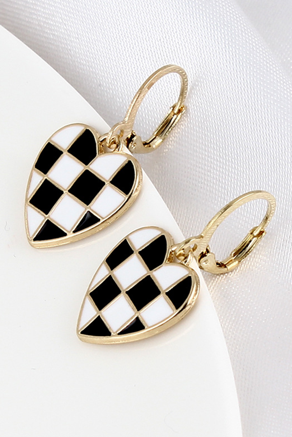 Checkered Heart Shape Hoop Dangle Earrings | Black