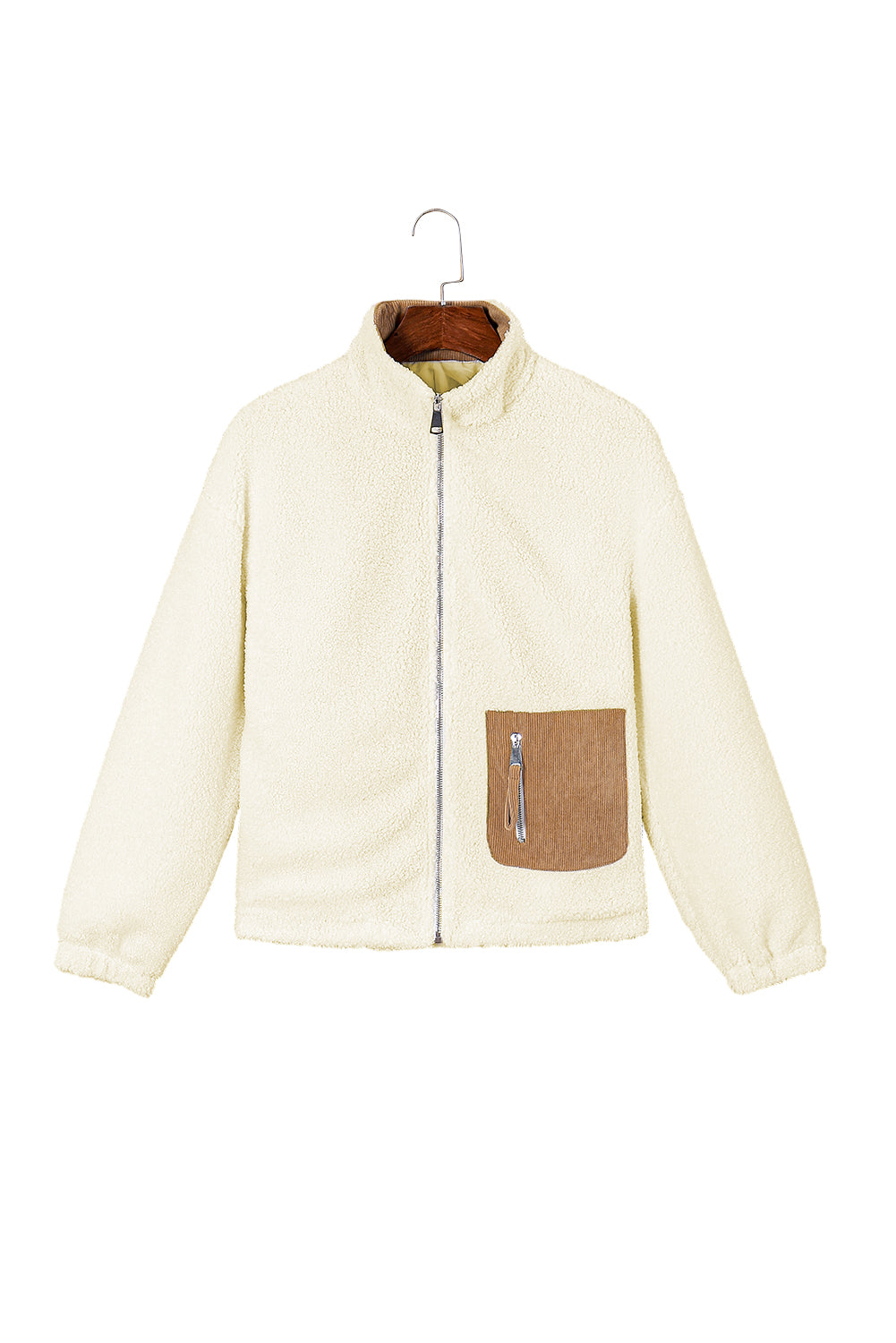 White Contrast Patched Pocket Zipped Sherpa Jacket | Bright White