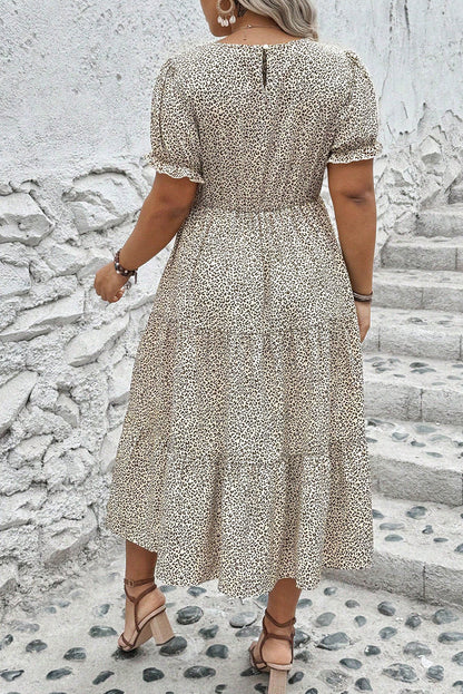 Plus Size Leopard Print Frill Trim Short Sleeve Flared Dress | Beige