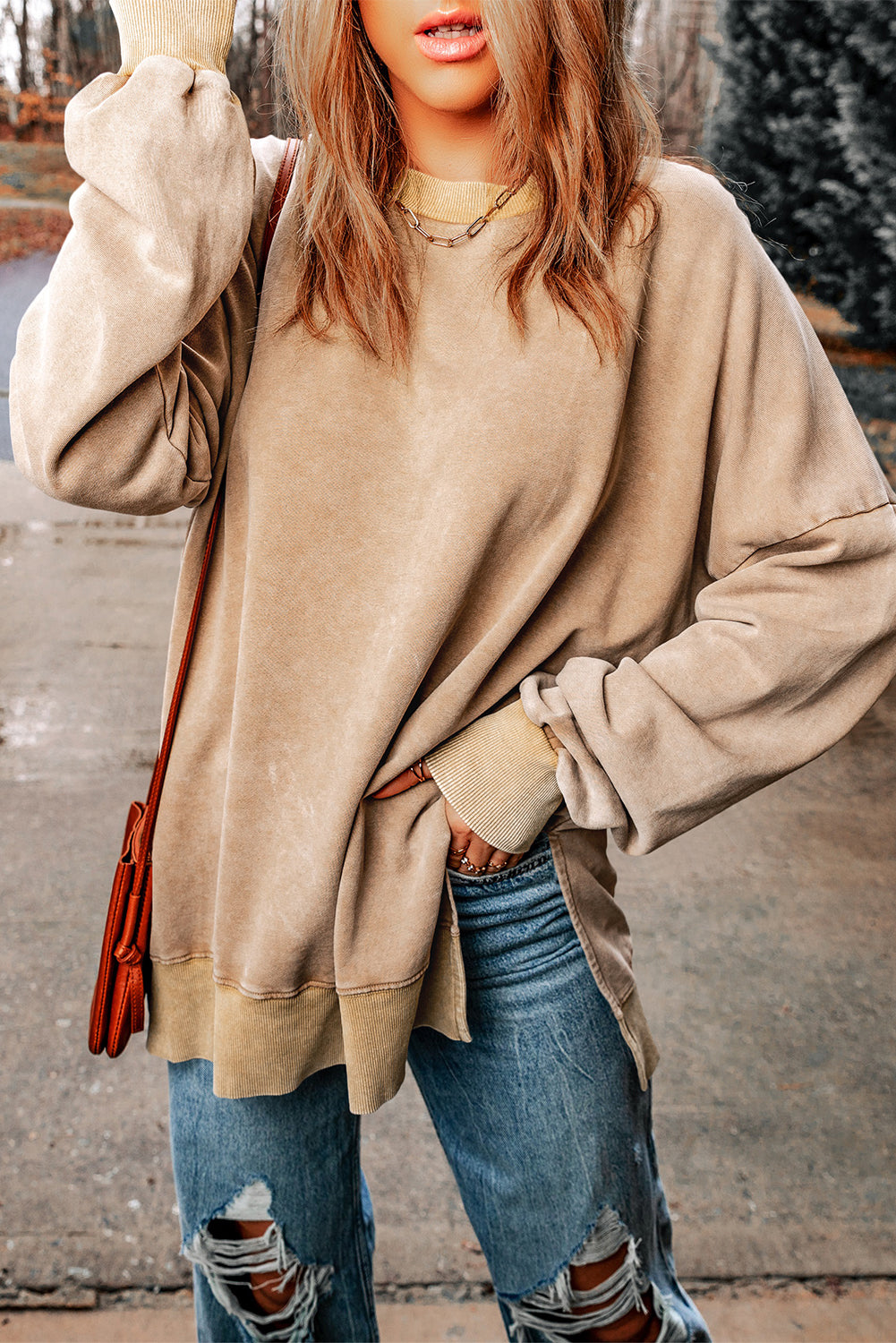 Drop Shoulder Ribbed Trim Oversized Sweatshirt | Khaki