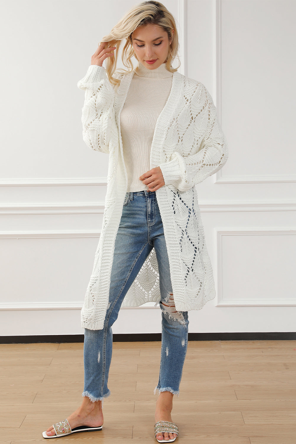 Rhombus Hollowed Knit Open Front Cardigan | White