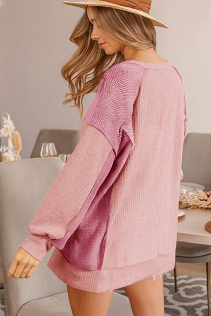 Colour Block Waffle High Low Raglan Sleeve Sweatshirt | Apricot Pink