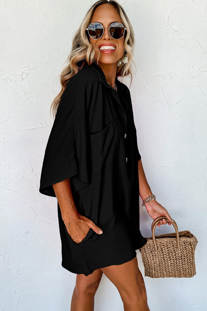 Half Button Collared Loose Romper | Black