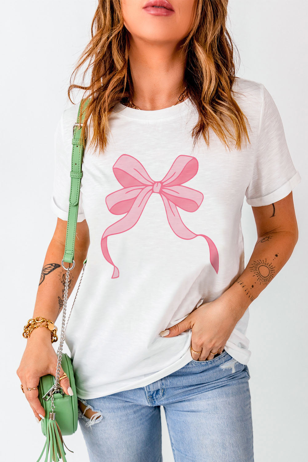 Flowing Bow Knot Print Round Neck Casual Tee | White