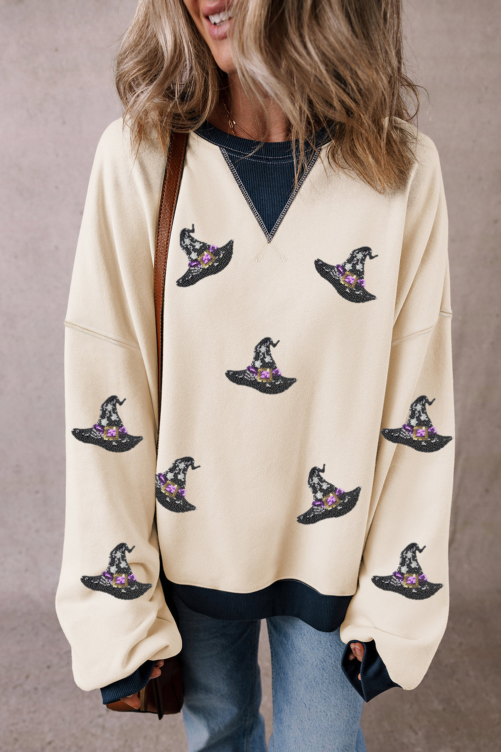 Halloween Witch Hat Patched Pattern Colourblock Edge Oversized Sweatshirt | White