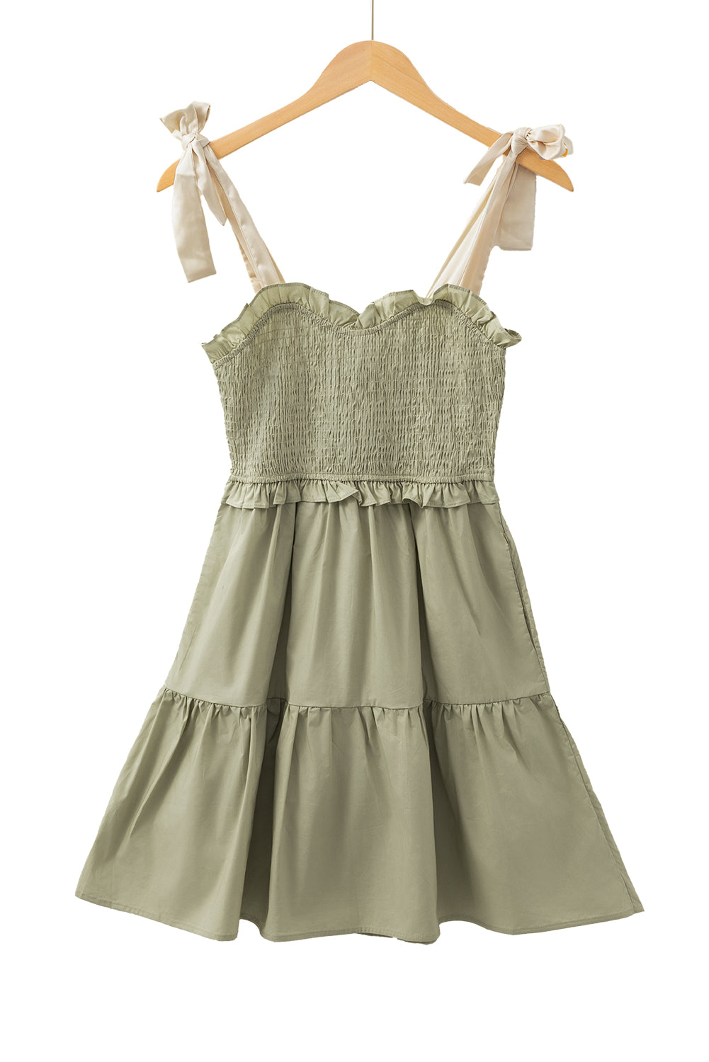 Smocked Bodice Self-Tie Straps A-Line Ruffled Mini Dress | Laurel Green