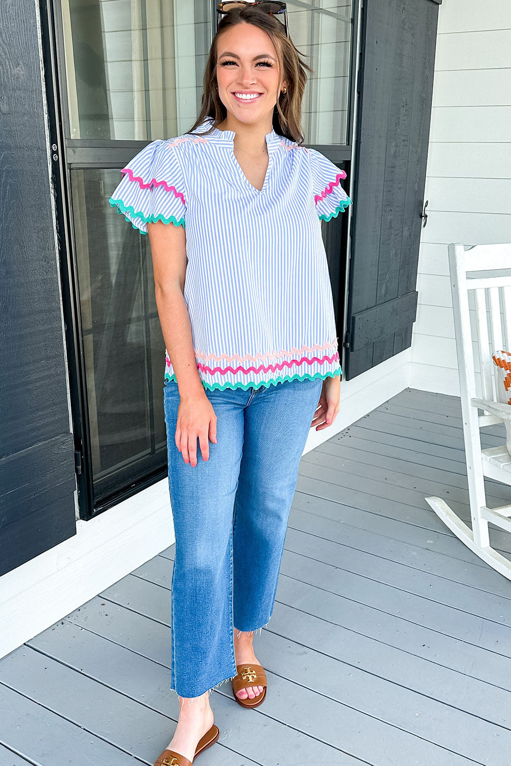 Ricrac Trim Split Neck Striped Ruffled Sleeve Blouse | Sky Blue Stripe