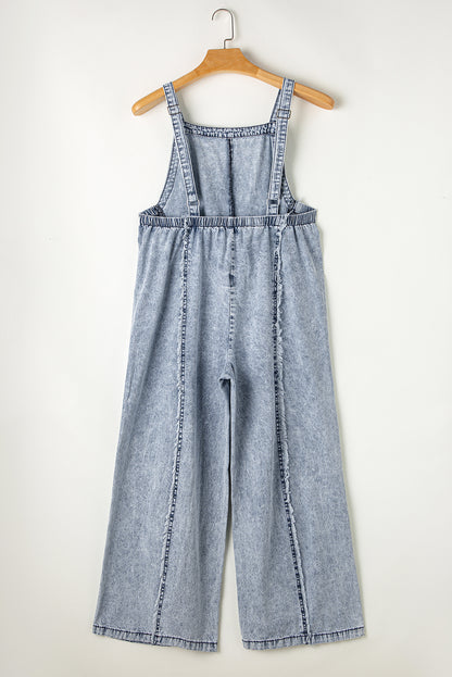 Light Wash Frayed Exposed Seam Wide Leg Denim Overall | Beau Blue