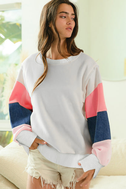 French Terry Colour Block Long Sleeve Top | White