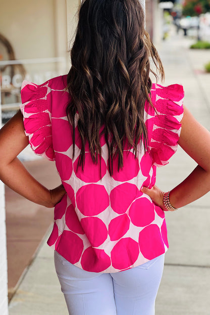 Bubblegum Pattern Frilled Collar Flutter Sleeve Top | Rose