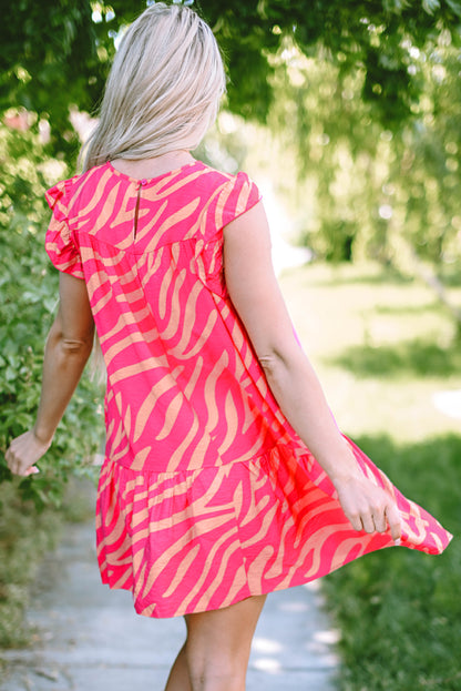 Zebra Stripe Printed Ruffle Trim Pocketed Dress | Pink