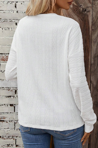 Round Neck Drop Shoulder Textured Knit Top | White