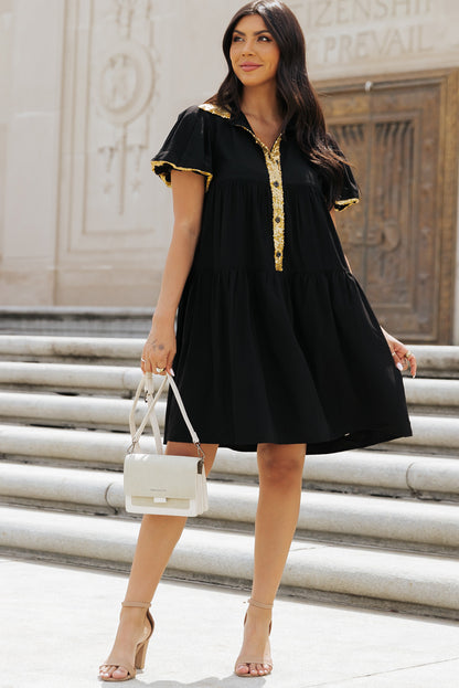 Sequin Trim Bubble Sleeve Game Day Shirt Dress | Black