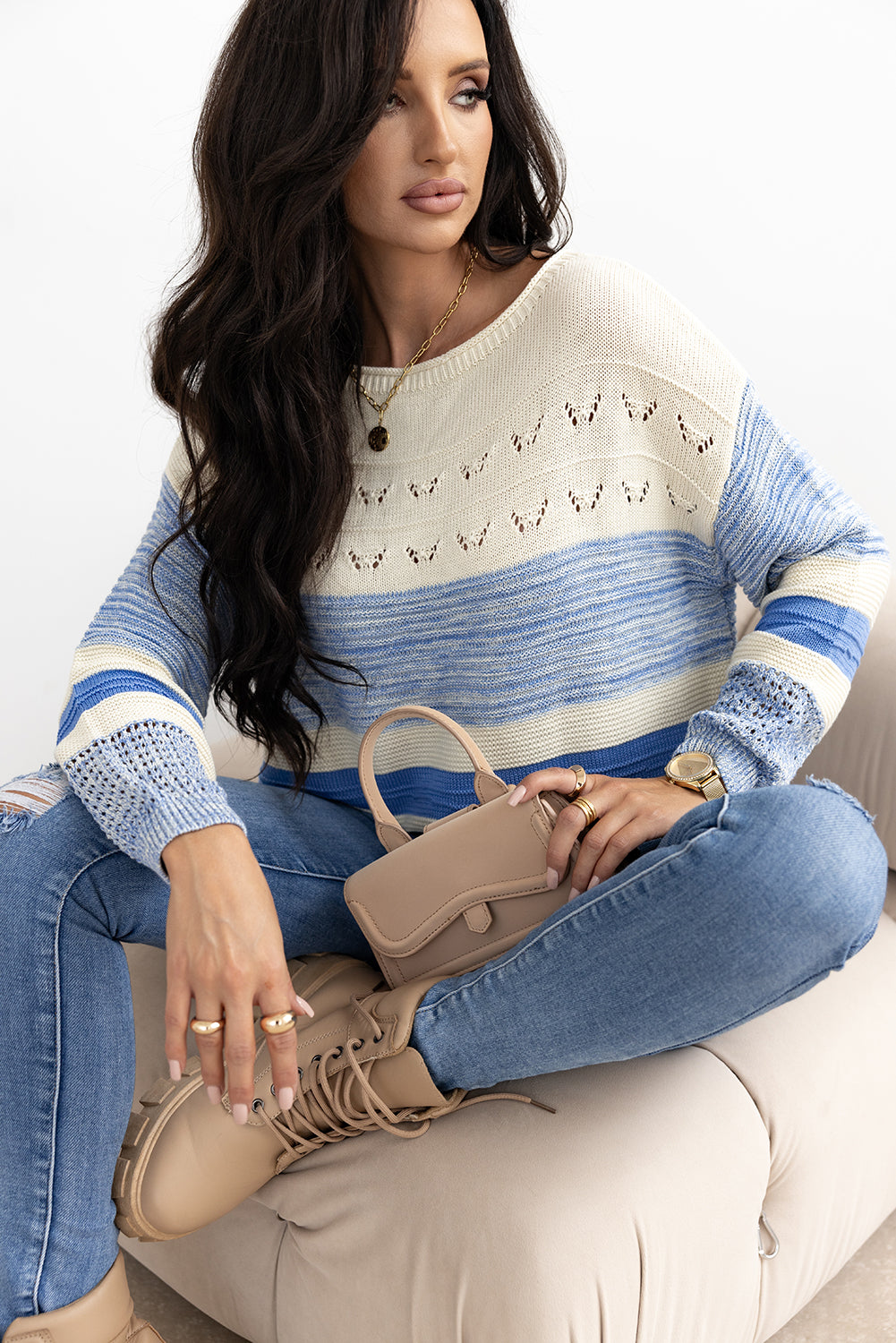 Open Stitch Puff Sleeve Sweater | Light Blue