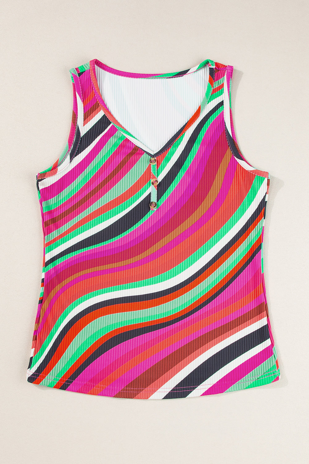 Wavy Striped Buttoned V Neck Tank Top | Purple