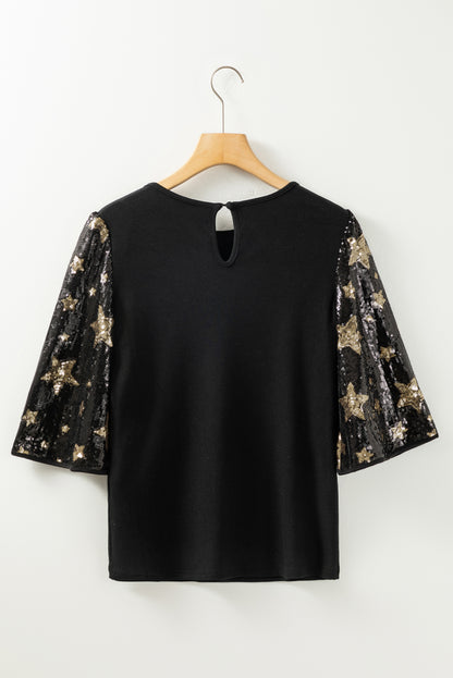 Star Sequin Splicing Half Sleeve Top | Black