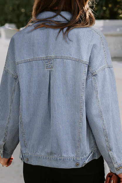 Washed Oversize Pocketed Denim Jacket | Sky Blue Stripe