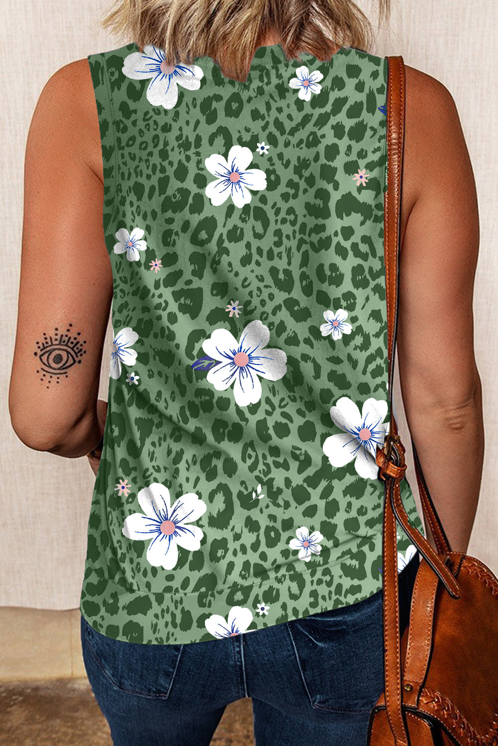 Crew Neck Floral Leopard Print Tank Top | Green