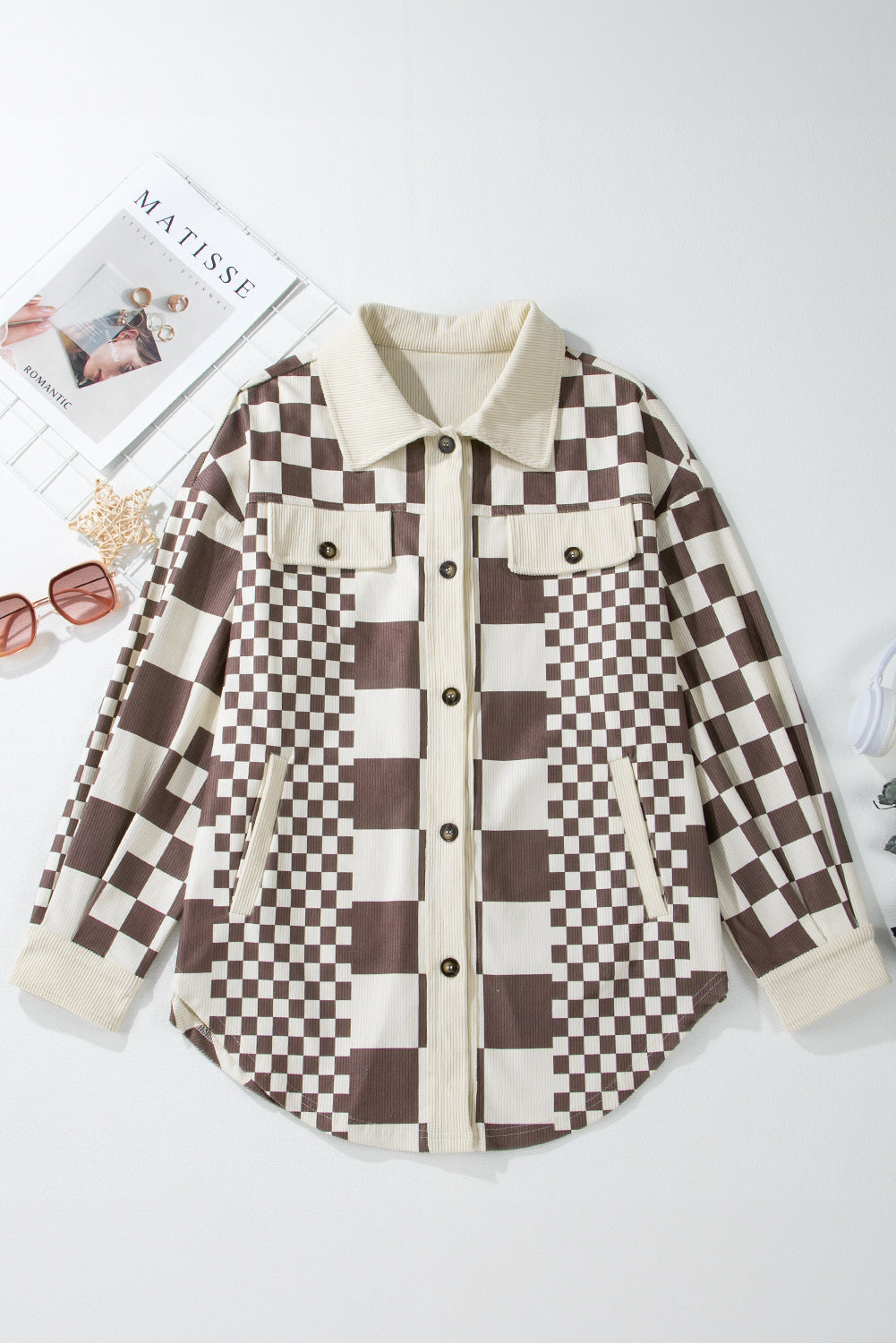 Checkered Print Patchwork Corduroy Shacket | Brown