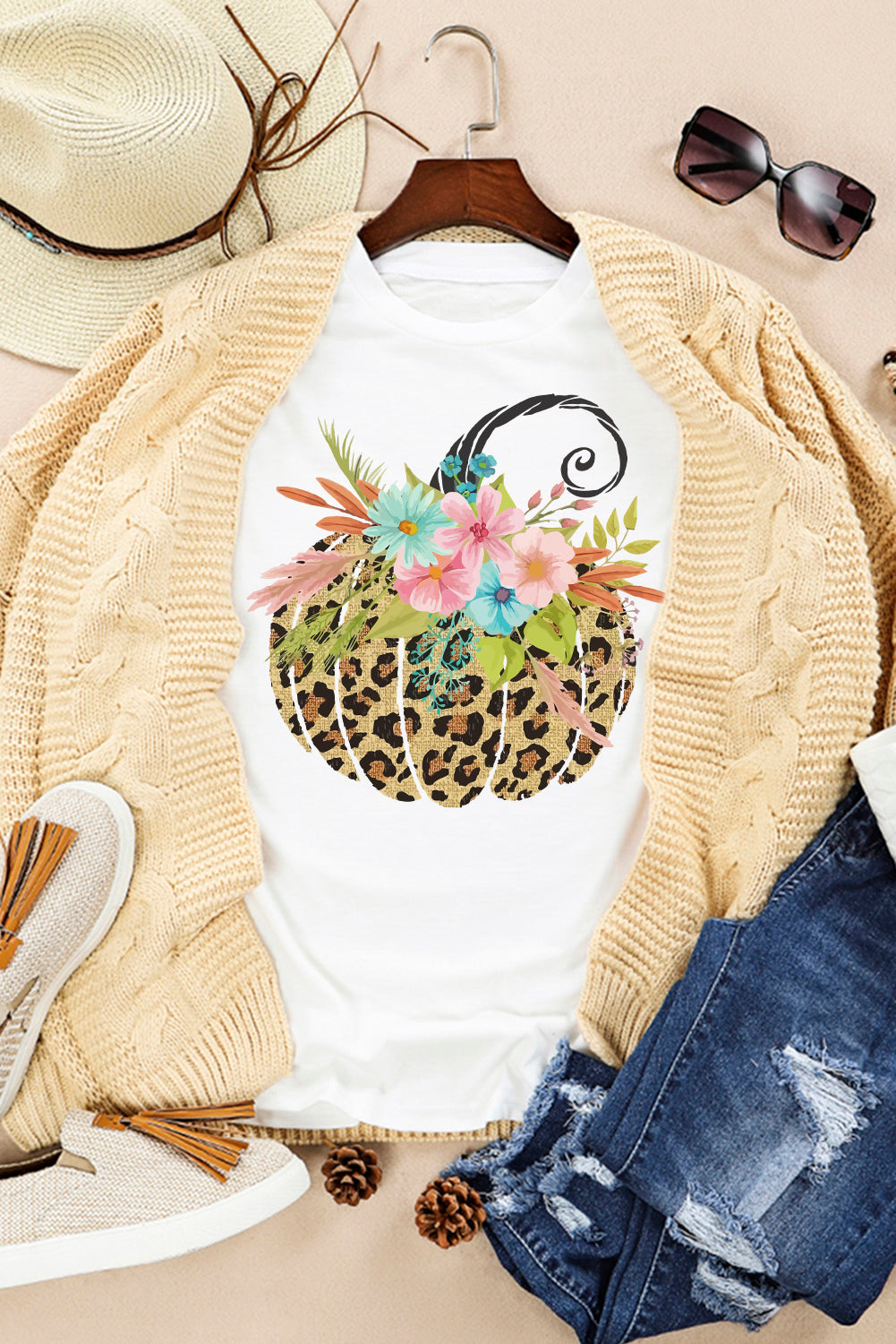 Floral Leopard Pumpkin Graphic Halloween T Shirt | White