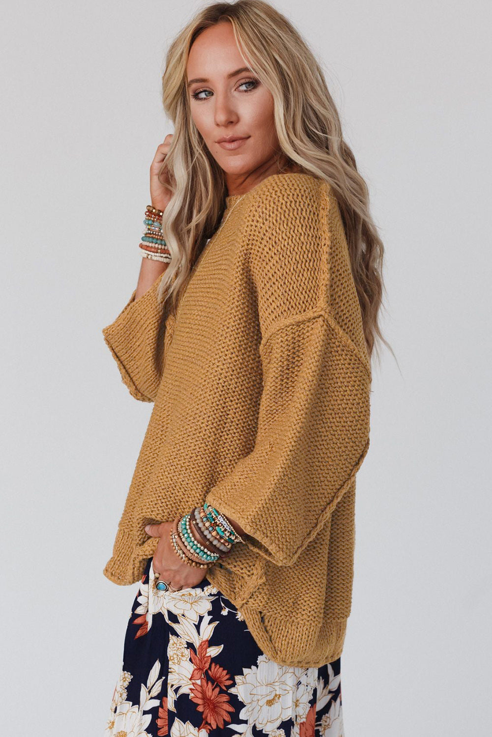 Slouchy Textured Knit Loose Sweater | Brown