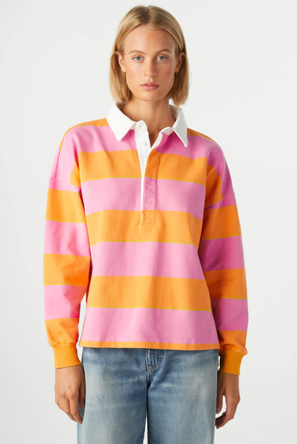 Colour Block Polo Collar Sweatshirt | Yellow Stripe