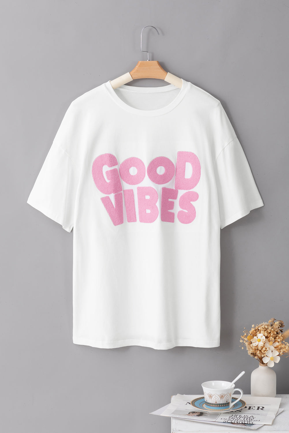 Good Vibes Chenille Embroidered Crewneck T Shirt | White