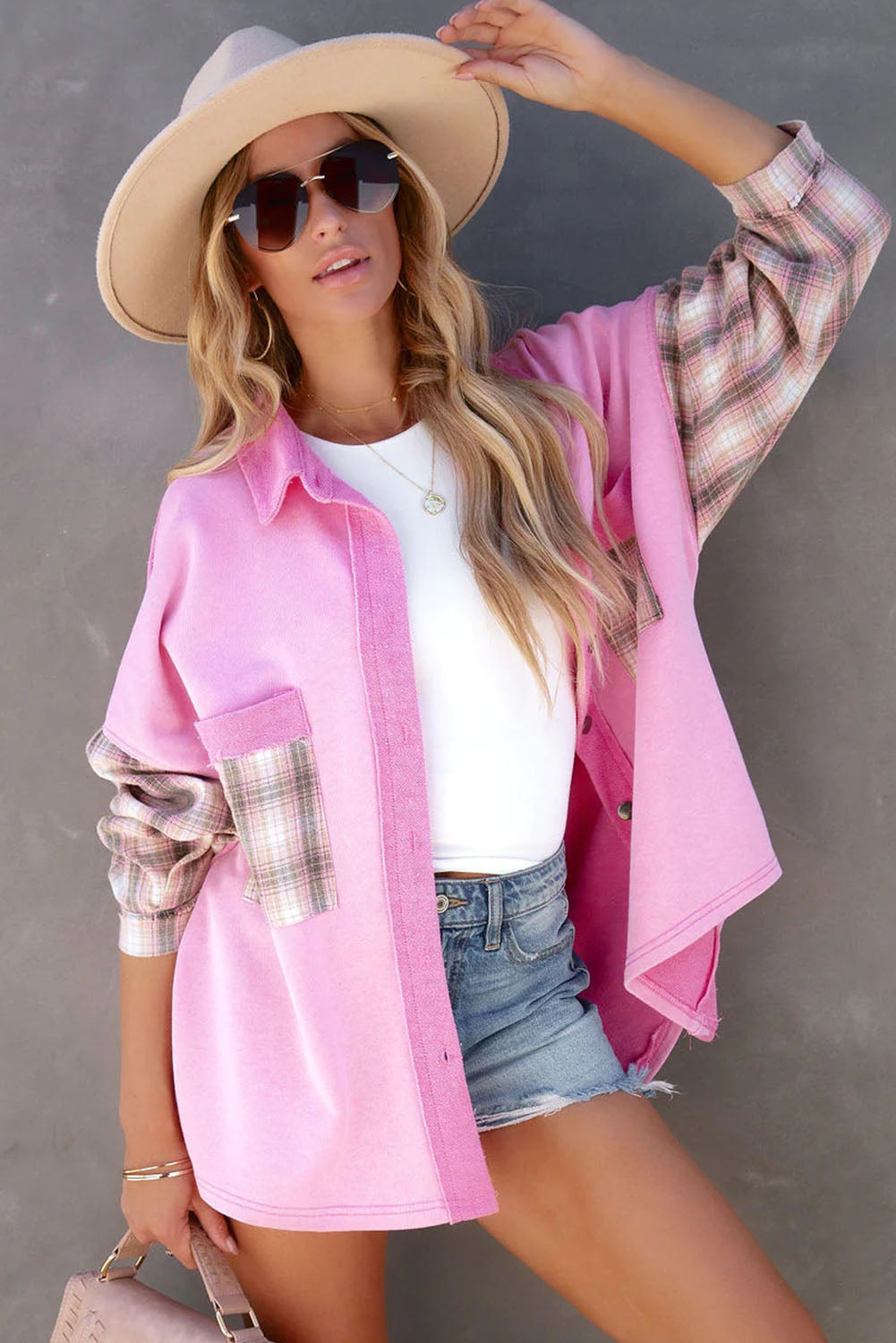 Plaid Patchwork Chest Pockets Oversized Shirt Jacket | Rose