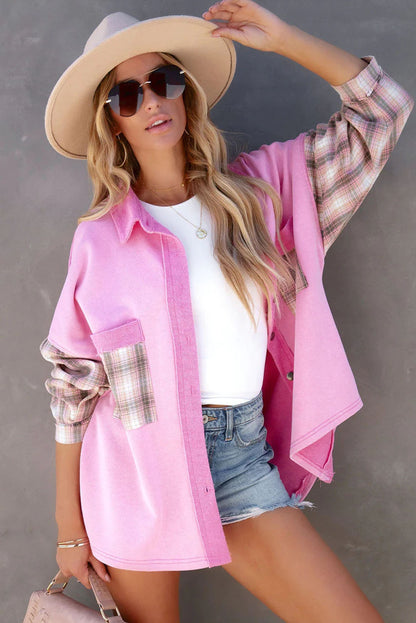 Plaid Patchwork Chest Pockets Oversized Shirt Jacket | Rose