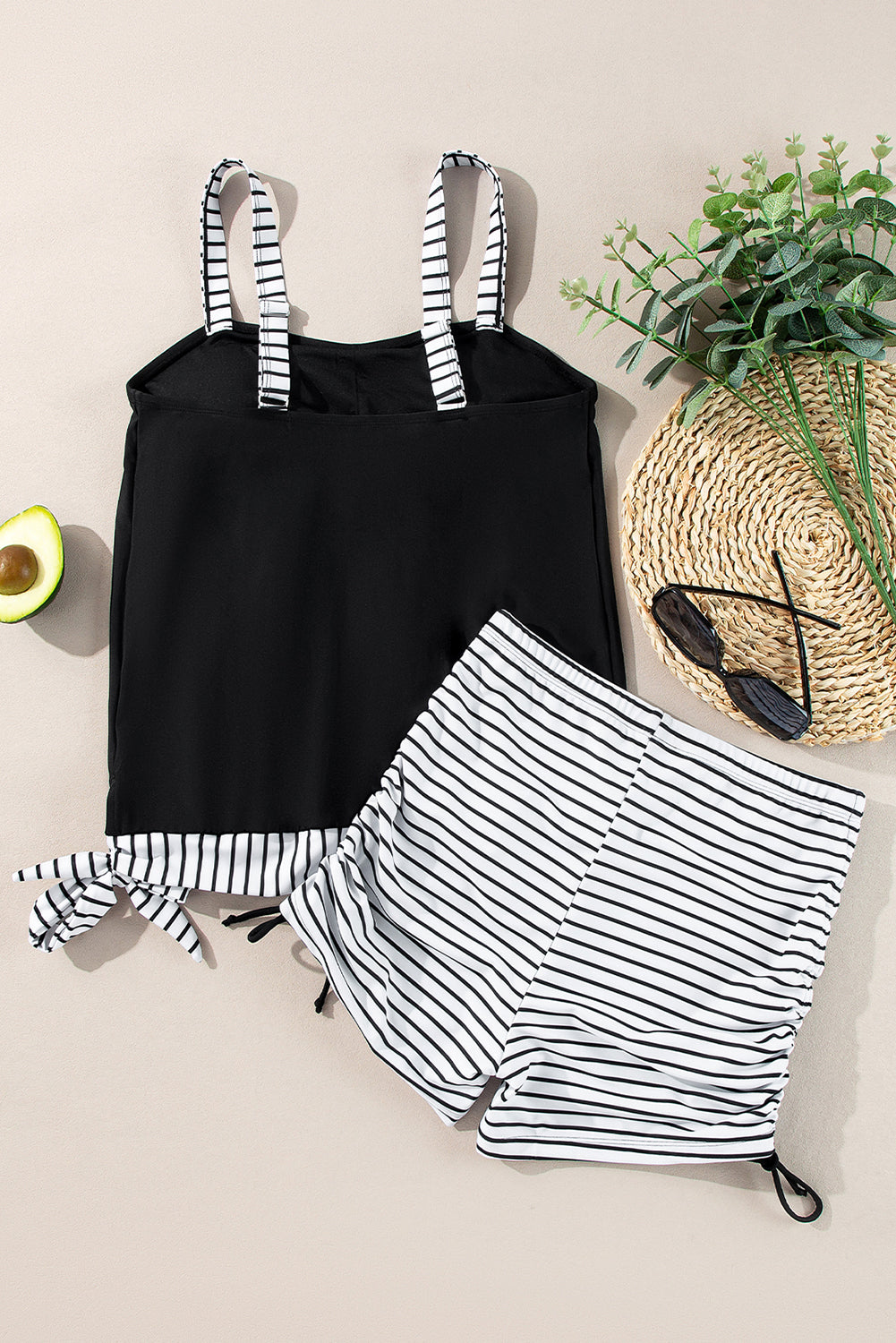 Striped Patchwork Side Drawstring Bottoms Tankini Set | Black