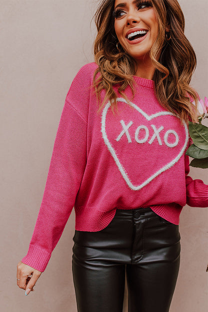 Heart Xoxo Pattern Drop Shoulder Rib Knit Sweater | Rose