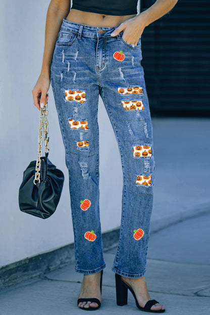 Ripped Pumpkin Patchwork Halloween Straight Jeans | Sky Blue