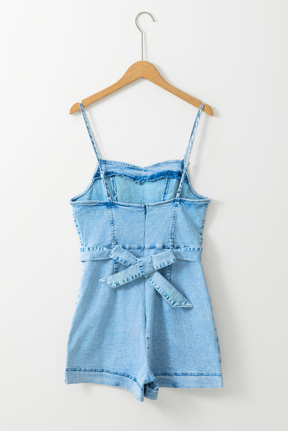 Spaghetti Straps Belted Denim Romper | Beau Blue