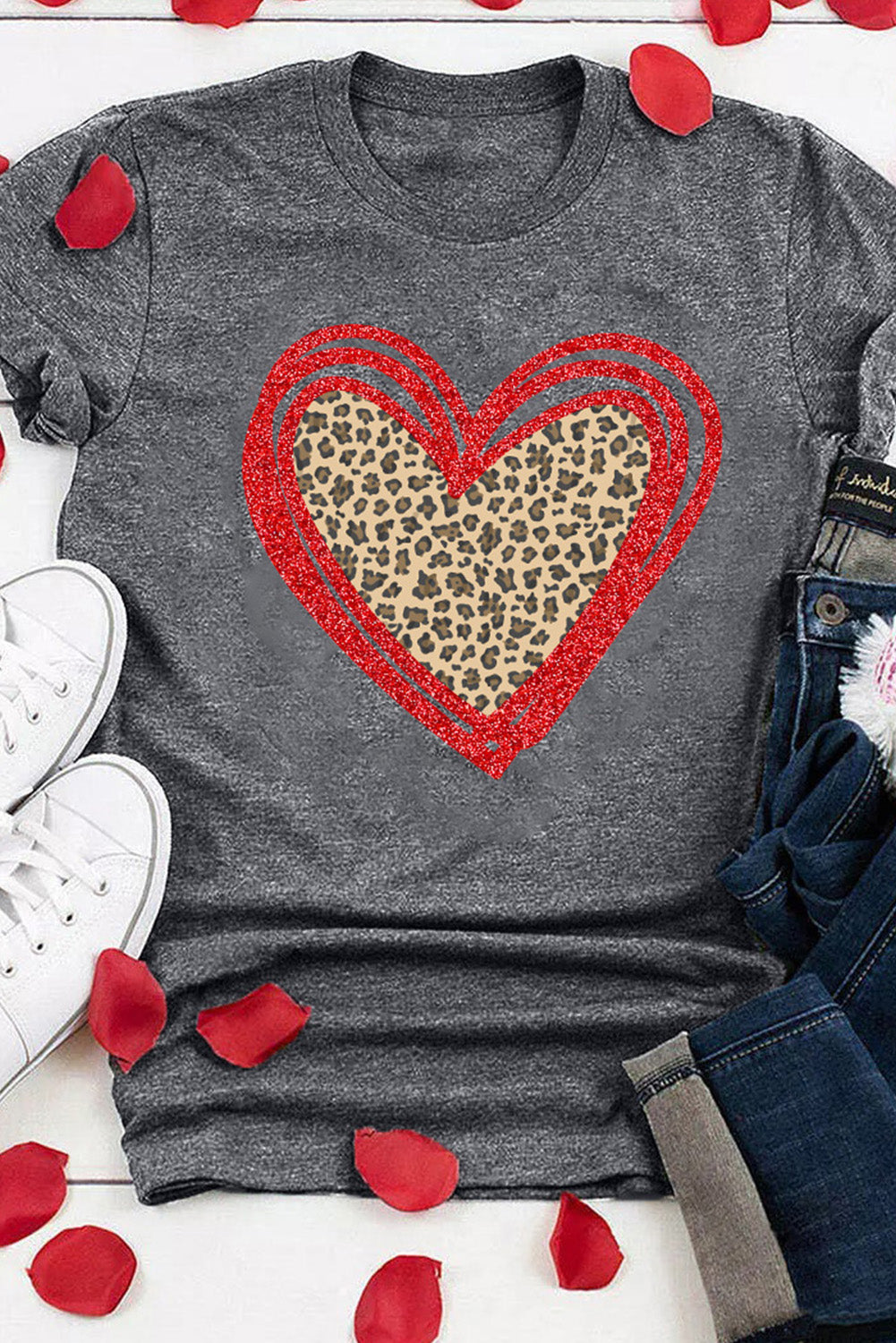 Sequin Leopard Heart Graphic T-Shirt | Gray