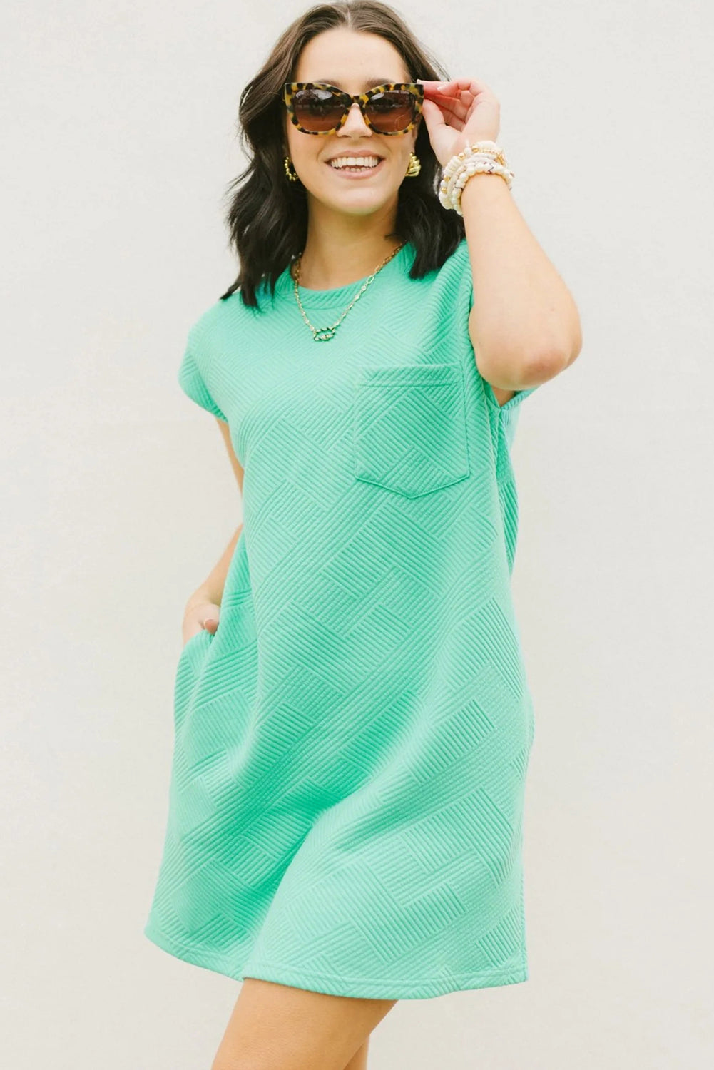 Textured Cap Sleeve T Shirt Dress | Mint Green