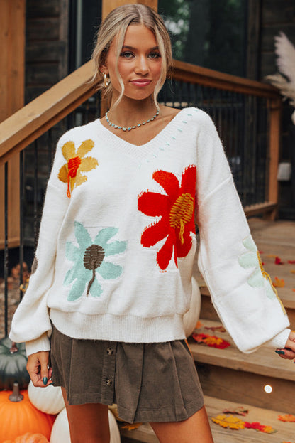 Big Flower Pattern V Neck Drop Shoulder Sweater | White