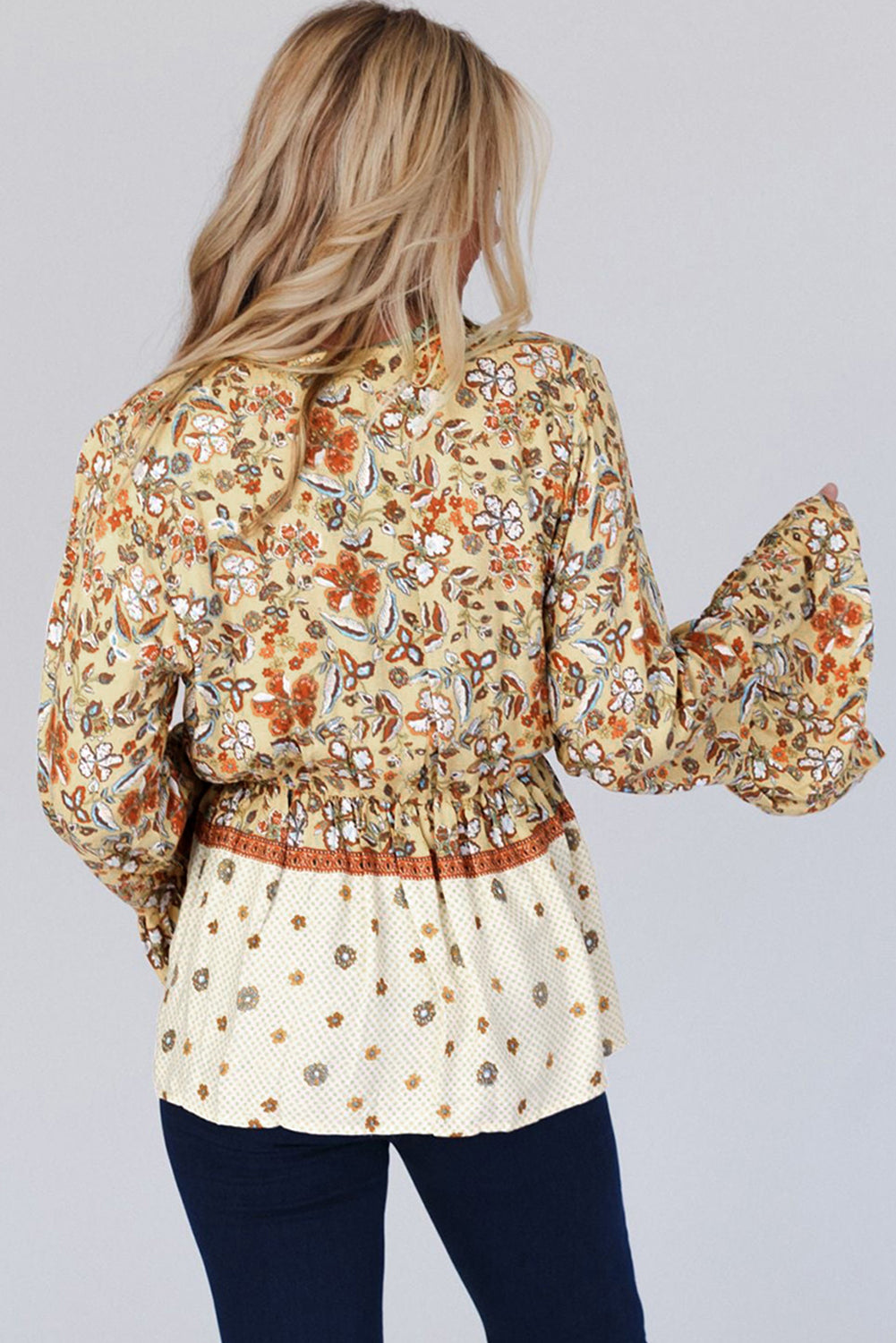 Floral Bell Sleeve V Neck Wrapped Contrast Peplum Blouse | Yellow Printed