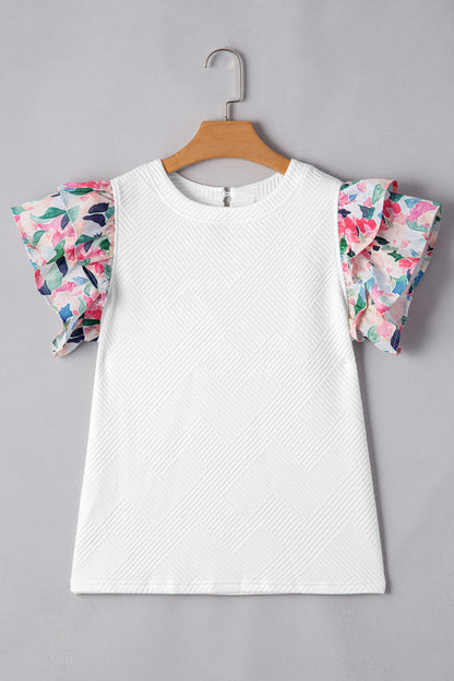 Abstract Print Tiered Ruffled Sleeve Textured Knit Top | White