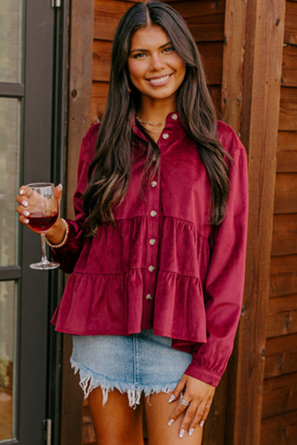 Corduroy Ruffle Tiered Buttoned O Neck Shirt | Burgundy