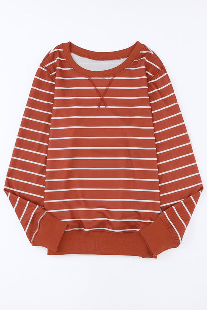 Striped Print Ribbed Trim Long Sleeve Top | Red