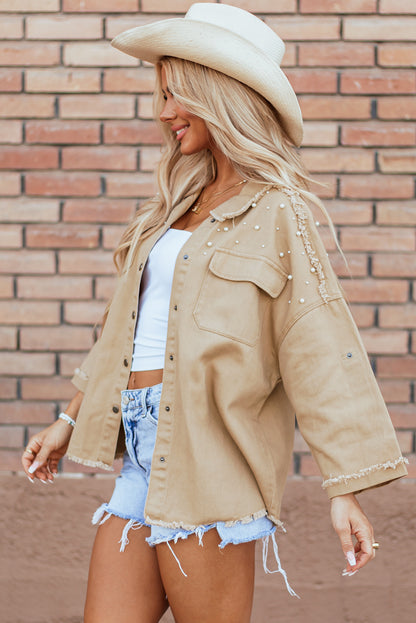 Pearl Beaded Raw Hem Button Up Denim Jacket | Khaki