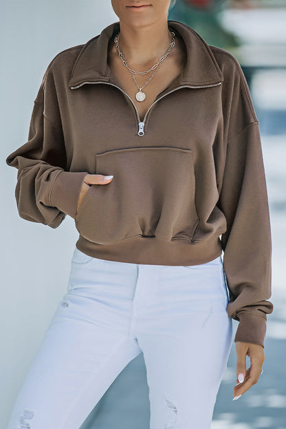 Zipped Turn Down Collar Cropped Sweatshirt With Pocket | Brown